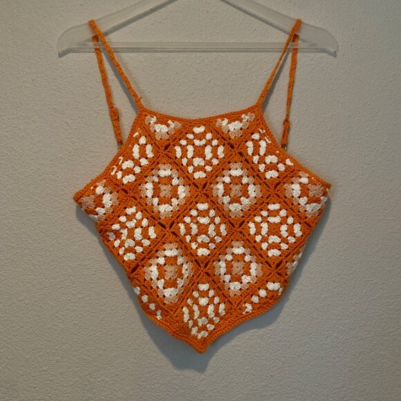 Tangerine Orange Crochet Granny Square Halter Top‎ Size Large - Picture 1 of 4